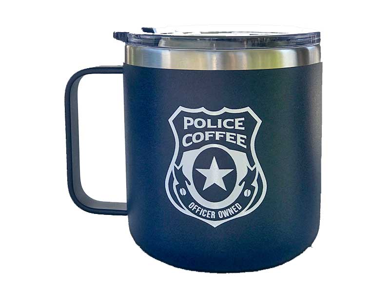 Dark blue mug with Police Coffee logo on the front