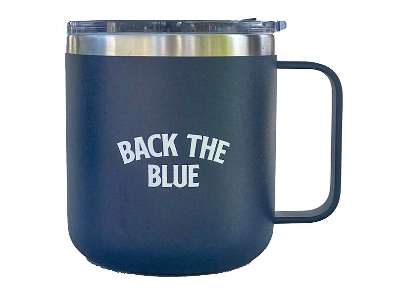 Dark blue mug with "Back the Blue" on the back